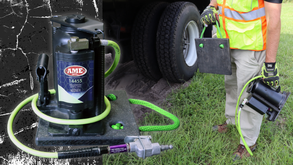 14455 Air Hydraulic Bottlejack, with a person holding the jack and jack plate.